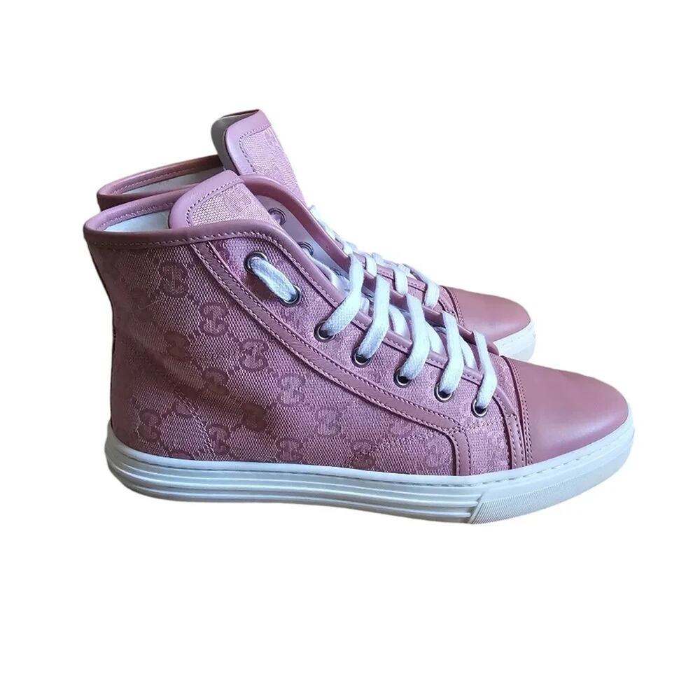 Gucci Rebel High Top GG Sneakers EU 37 US 7 Pink Monogram Canvas Lace Up Cap Toe - Picture 11 of 11